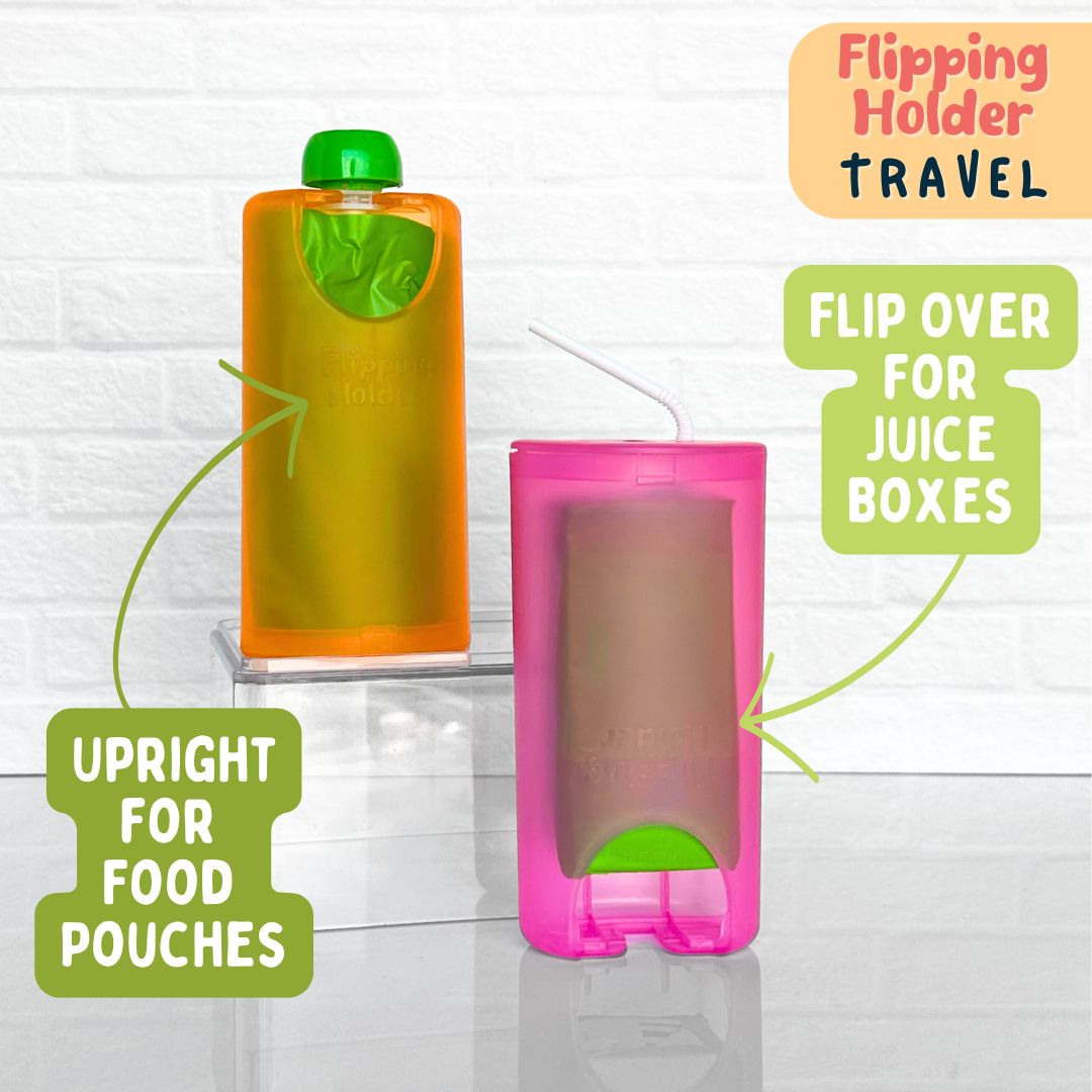 Flipping travel holder pair: upright food pouch and juice box containers in orange and pink