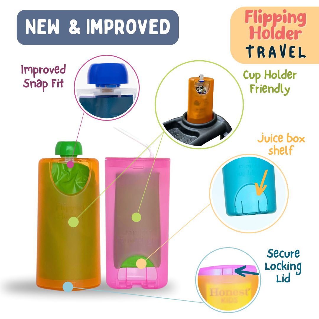 Flipping travel holder with snap lid, orange and pink containers with curved base shelf