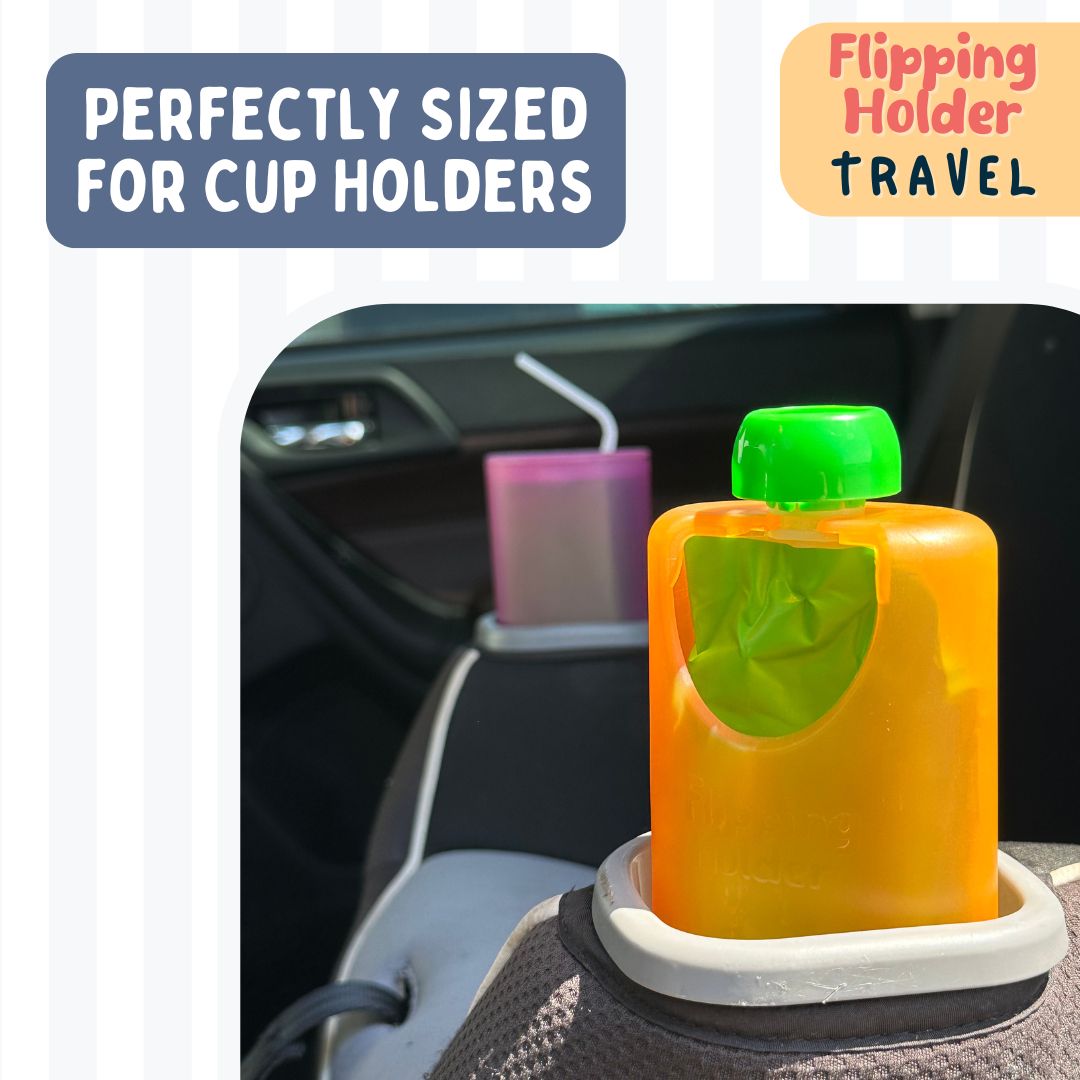 Flipping travel holder in cup holder, orange juice box container with green flip lid
