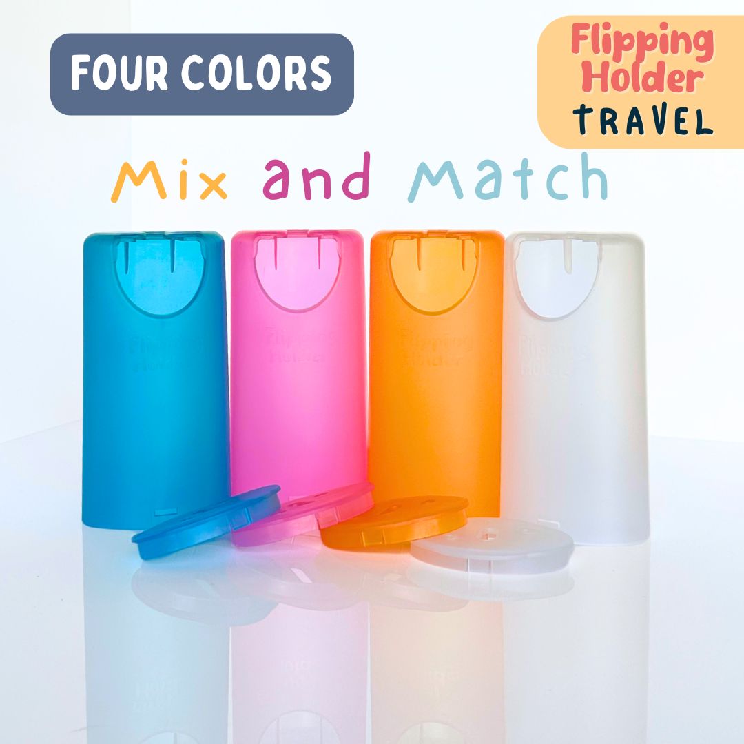 Flipping travel holder in four colors: blue, pink, orange, and white containers