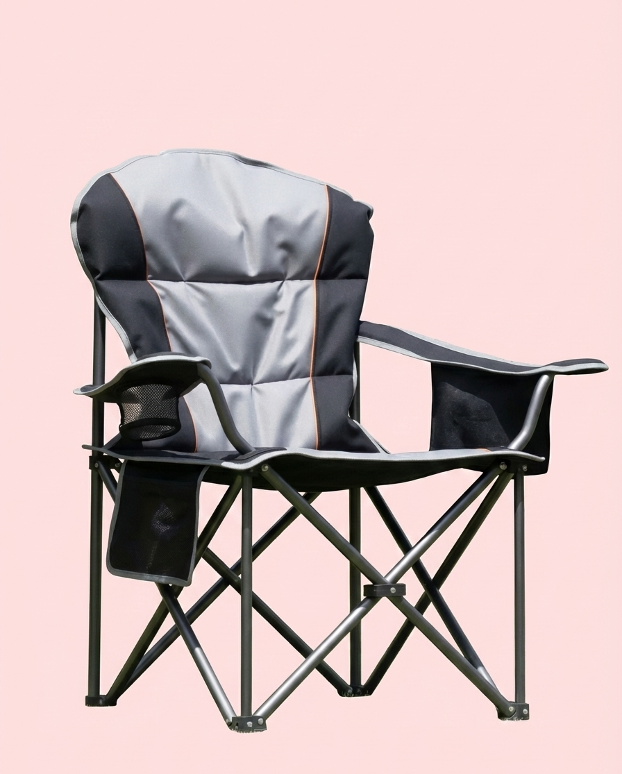 Lake blue folding camping chair angled view with gray seat and arm cup mesh pocket.