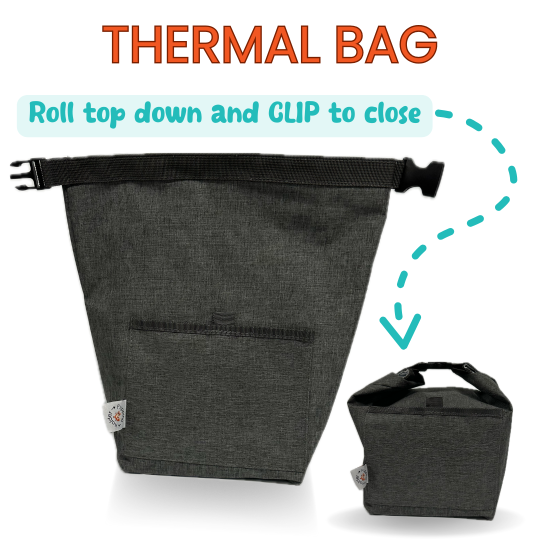 Gray insulated snack bag with roll-top down and snap/clip closure, front pocket panel