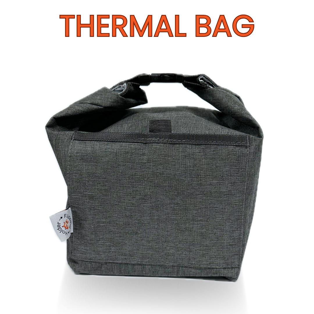 Gray insulated snack bag with roll-top closure and top carry handle, front view