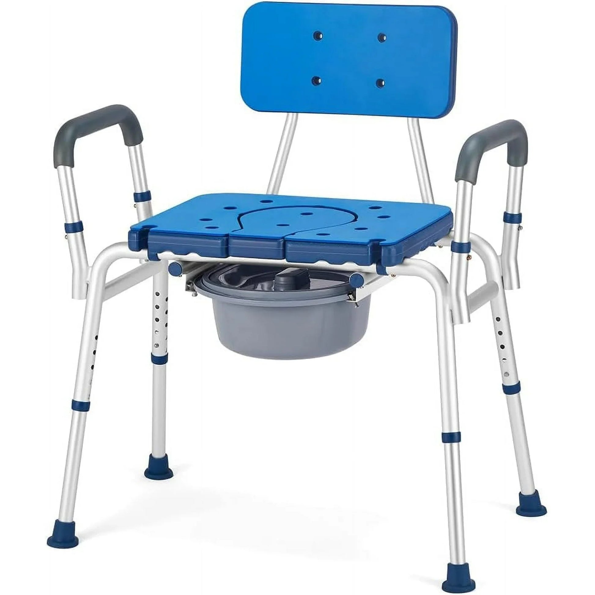 Blue padded bedside commode chair with armrests and raised seat, gray bucket under pan