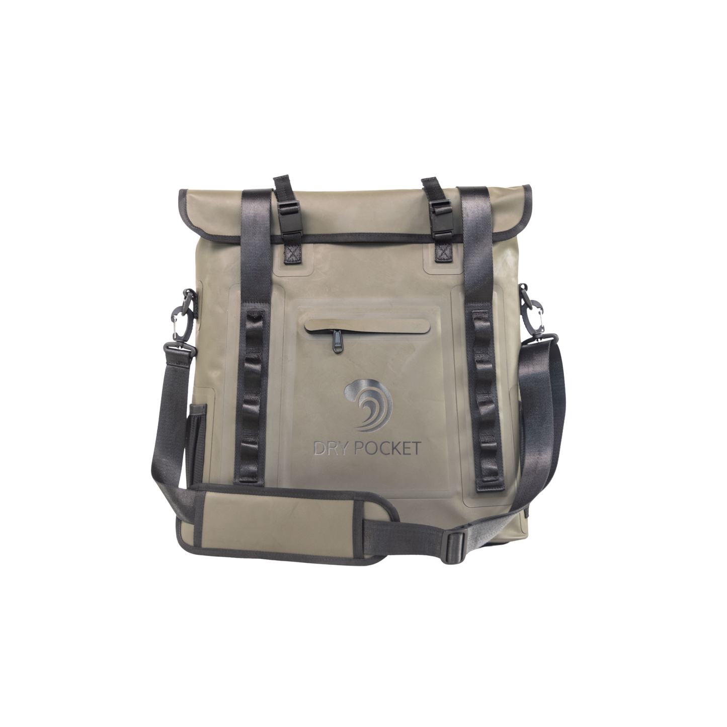 Waterproof floating tote cooler with dry pocket front panel and dark shoulder straps