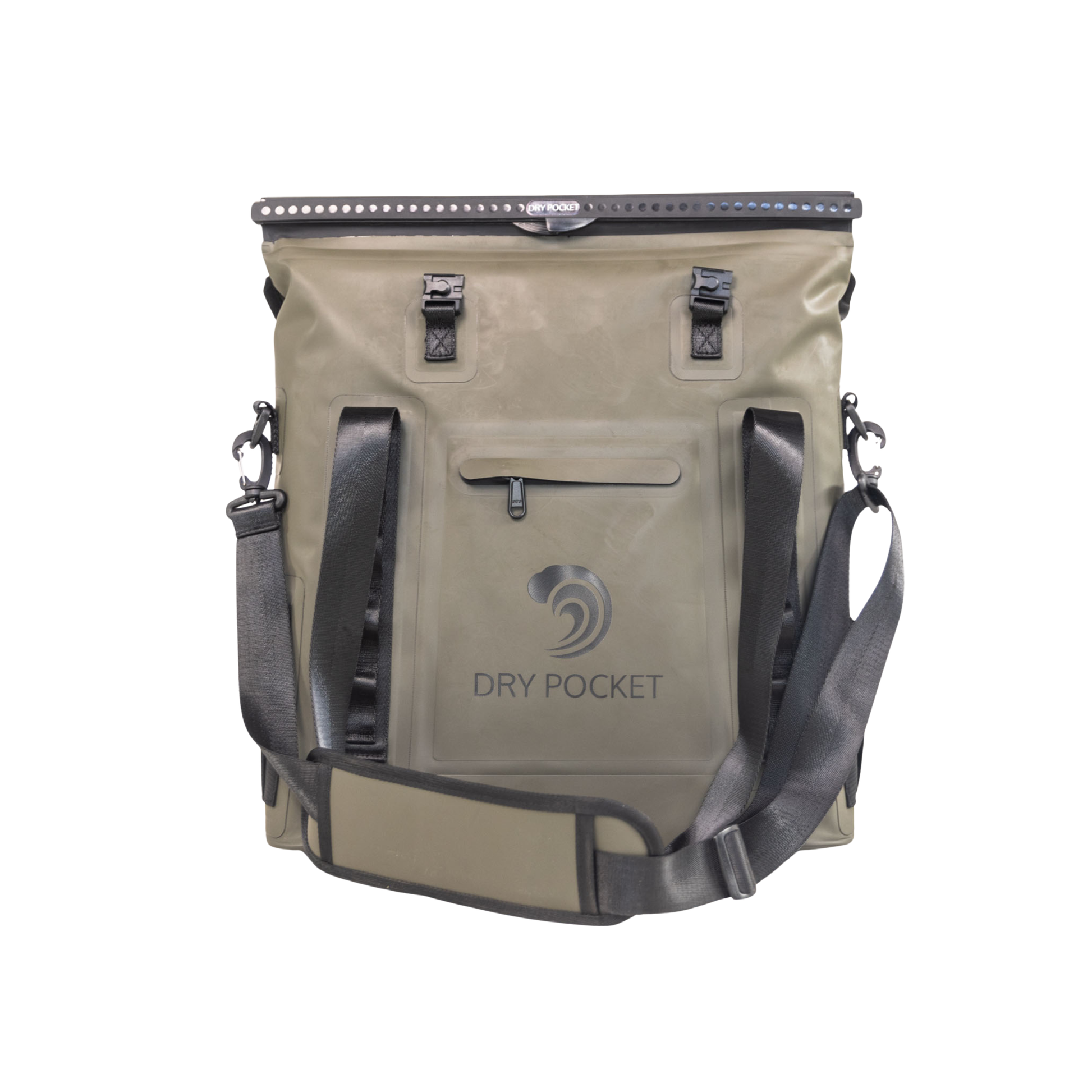 Waterproof floating tote cooler front view with dry pocket logo and top zip-seal rim