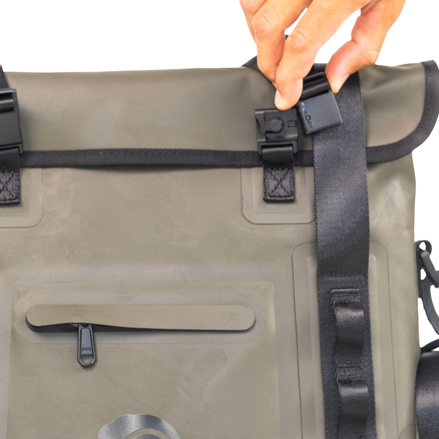 Waterproof floating tote cooler close-up of front handle strap and dry pocket panel