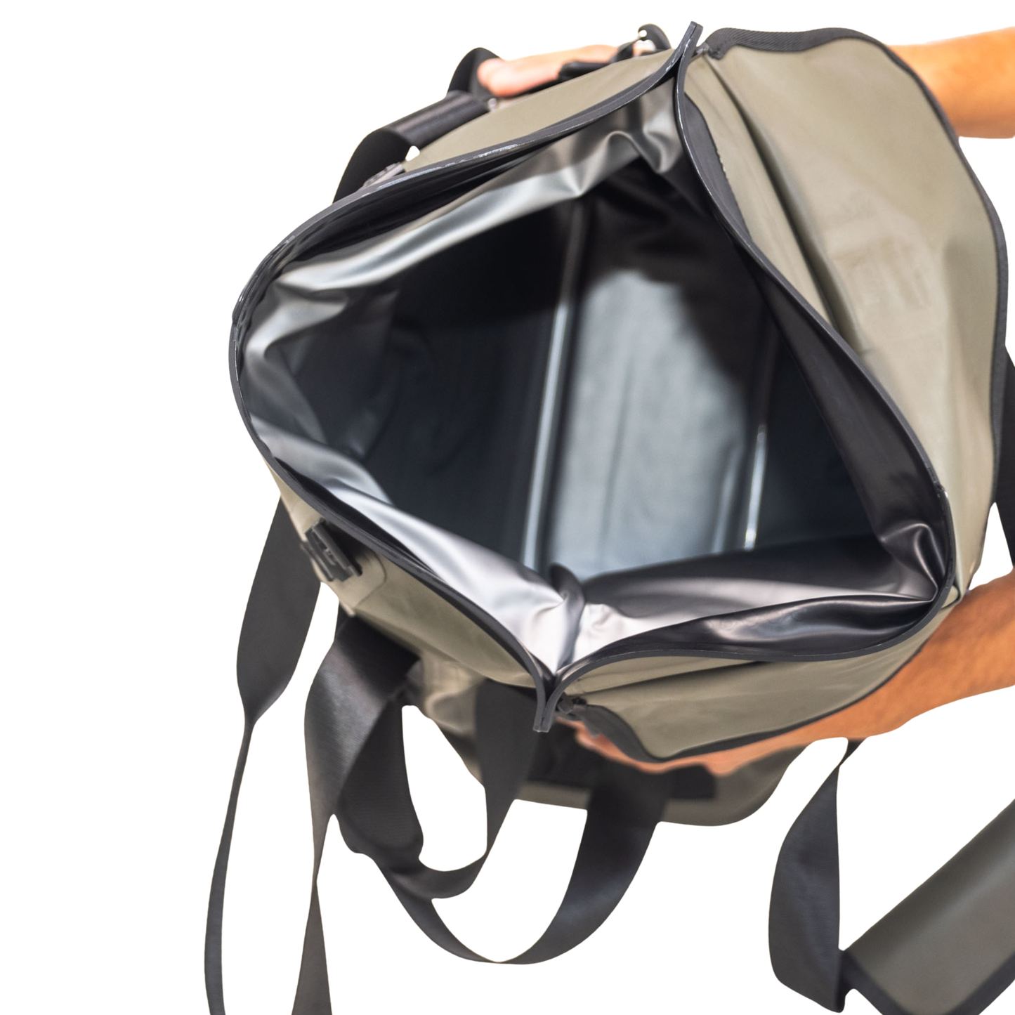 Waterproof floating tote cooler open top showing insulated interior and side straps