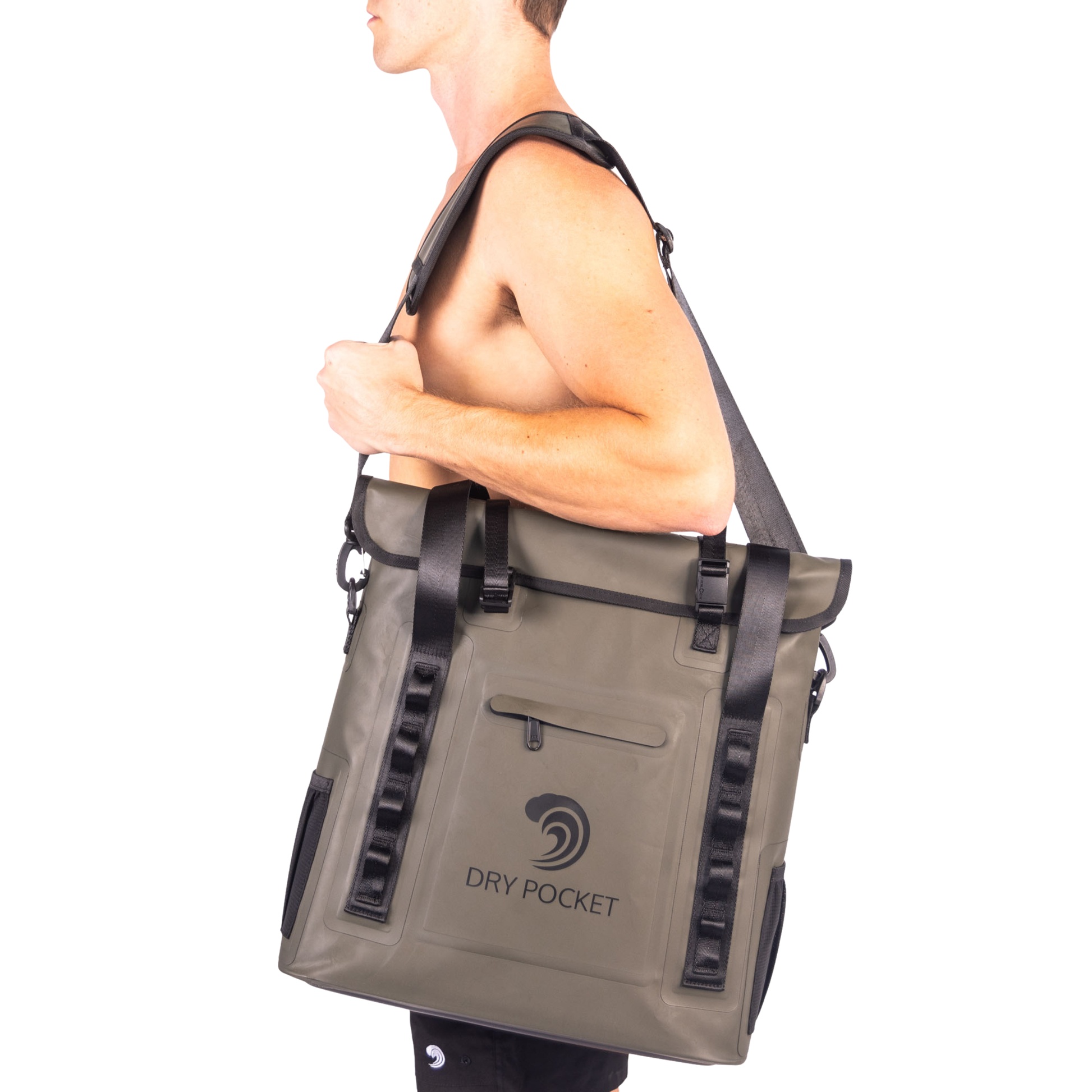 Waterproof floating tote cooler worn crossbody with dark straps and dry pocket logo