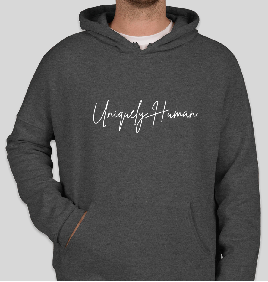Dark gray hoodie with hood, front pocket, and white script logo on chest