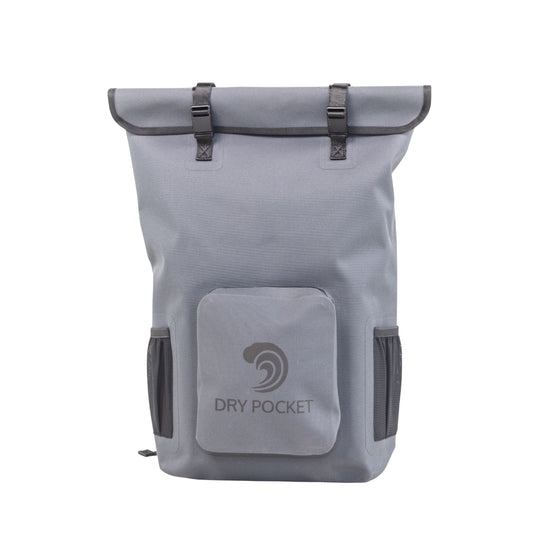 Grey waterproof floating dry backpack with roll-top and front Dry Pocket cover