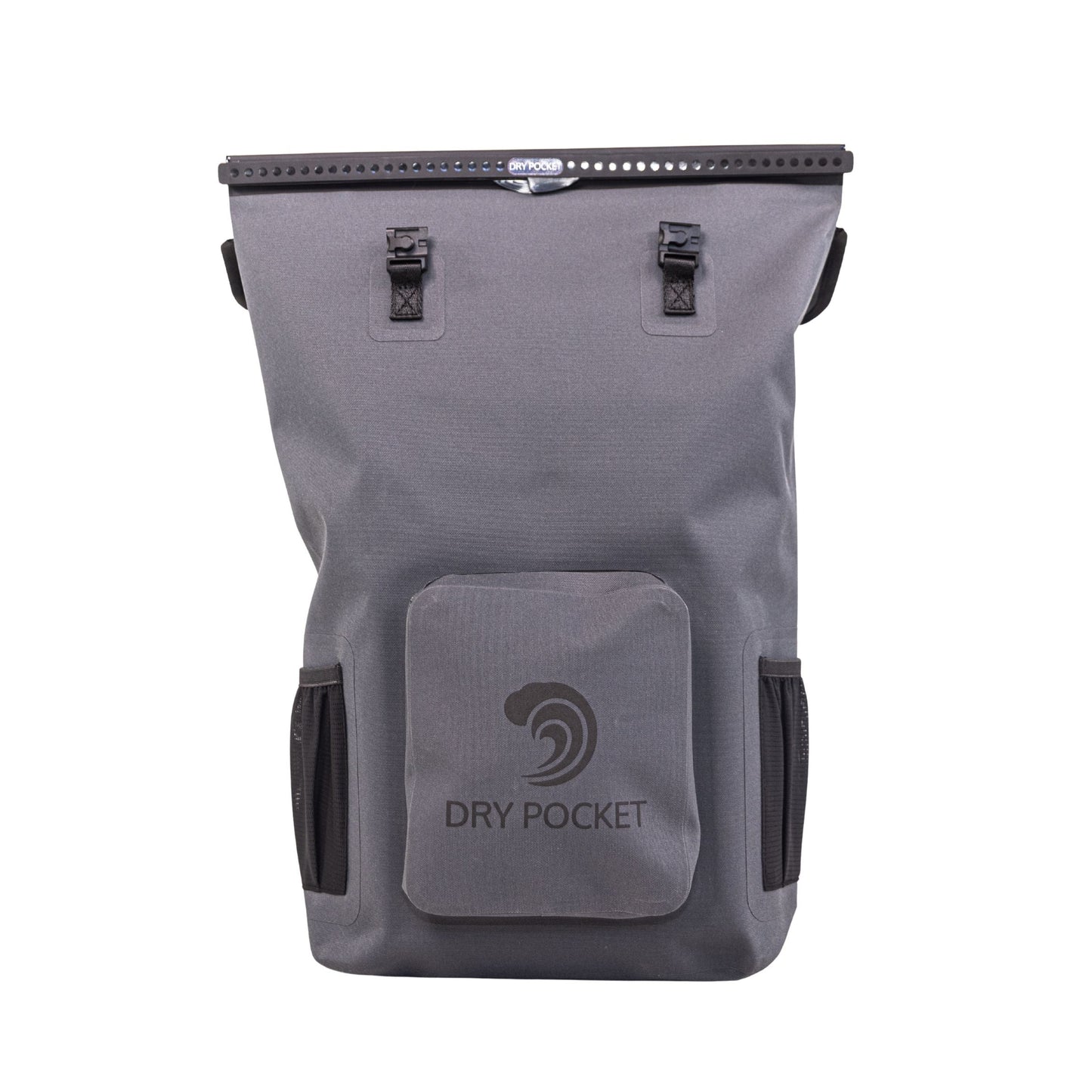 Grey waterproof floating dry backpack with roll-top and Dry Pocket label on front