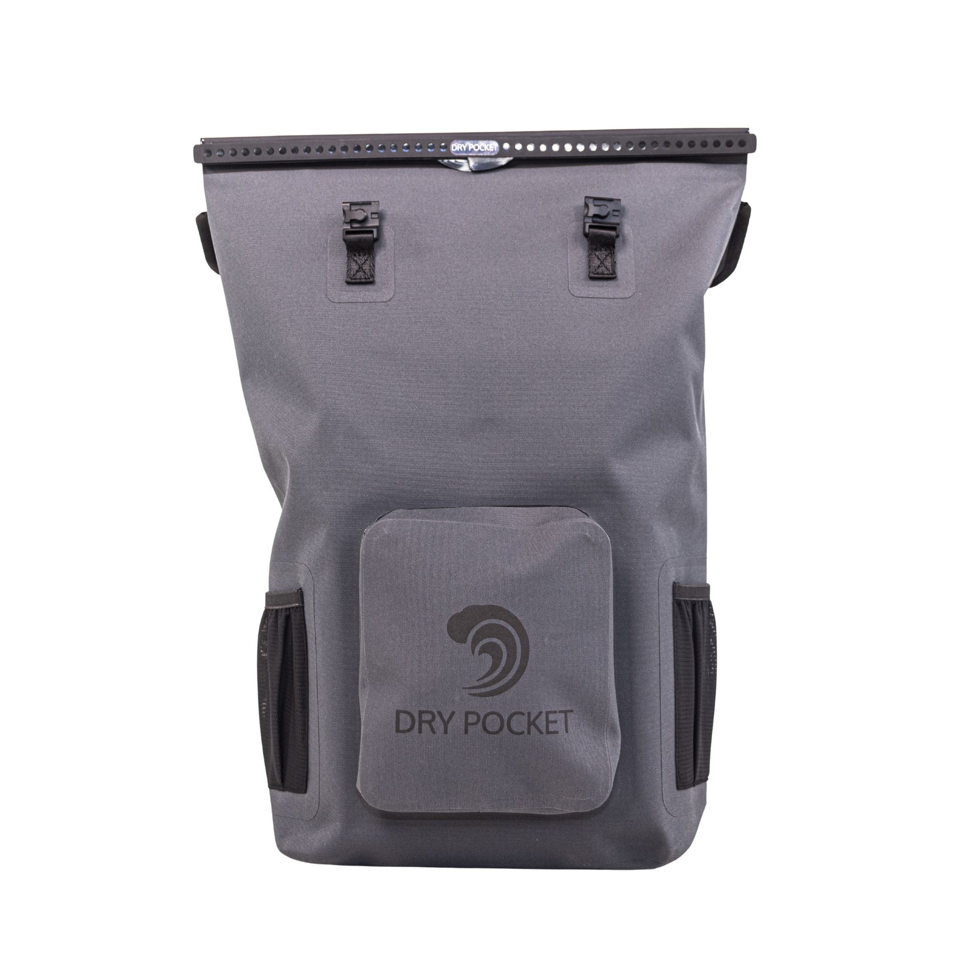 Grey waterproof floating dry backpack with roll-top and Dry Pocket label on front