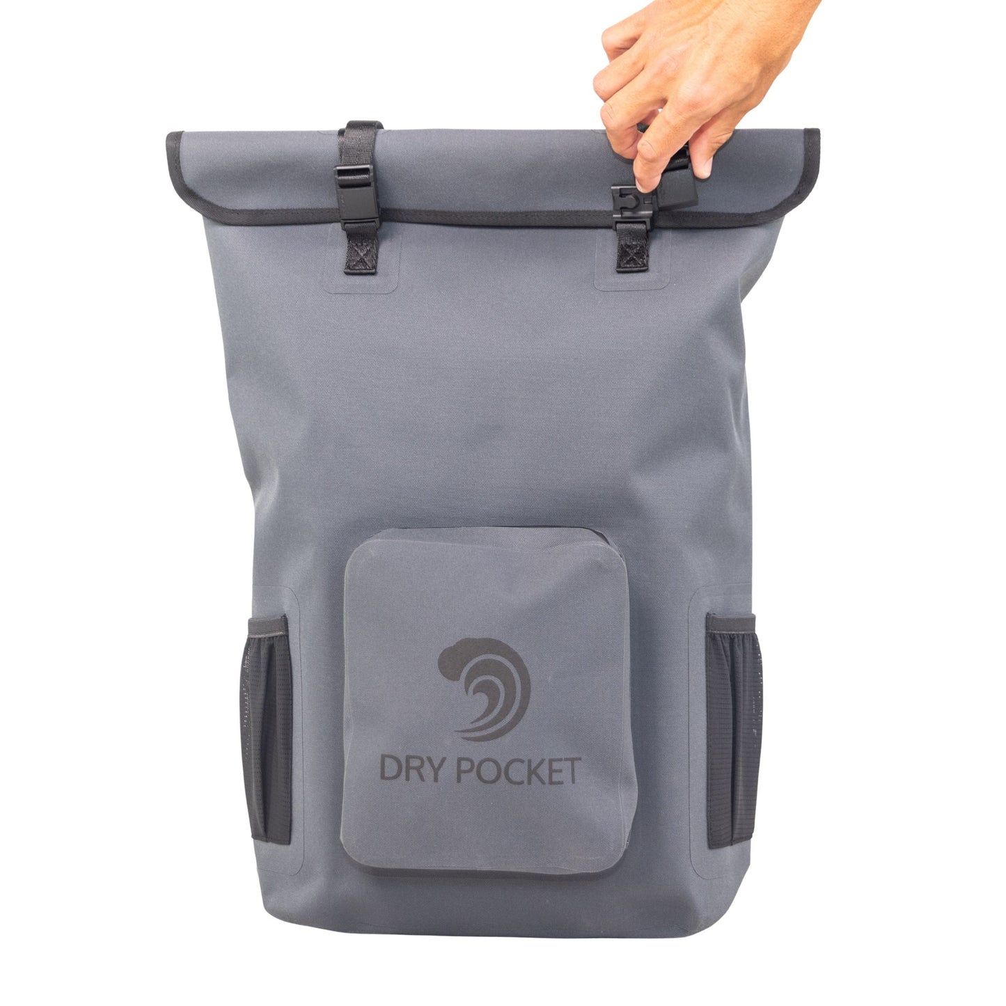 Grey waterproof floating dry backpack with roll-top, front Dry Pocket cover