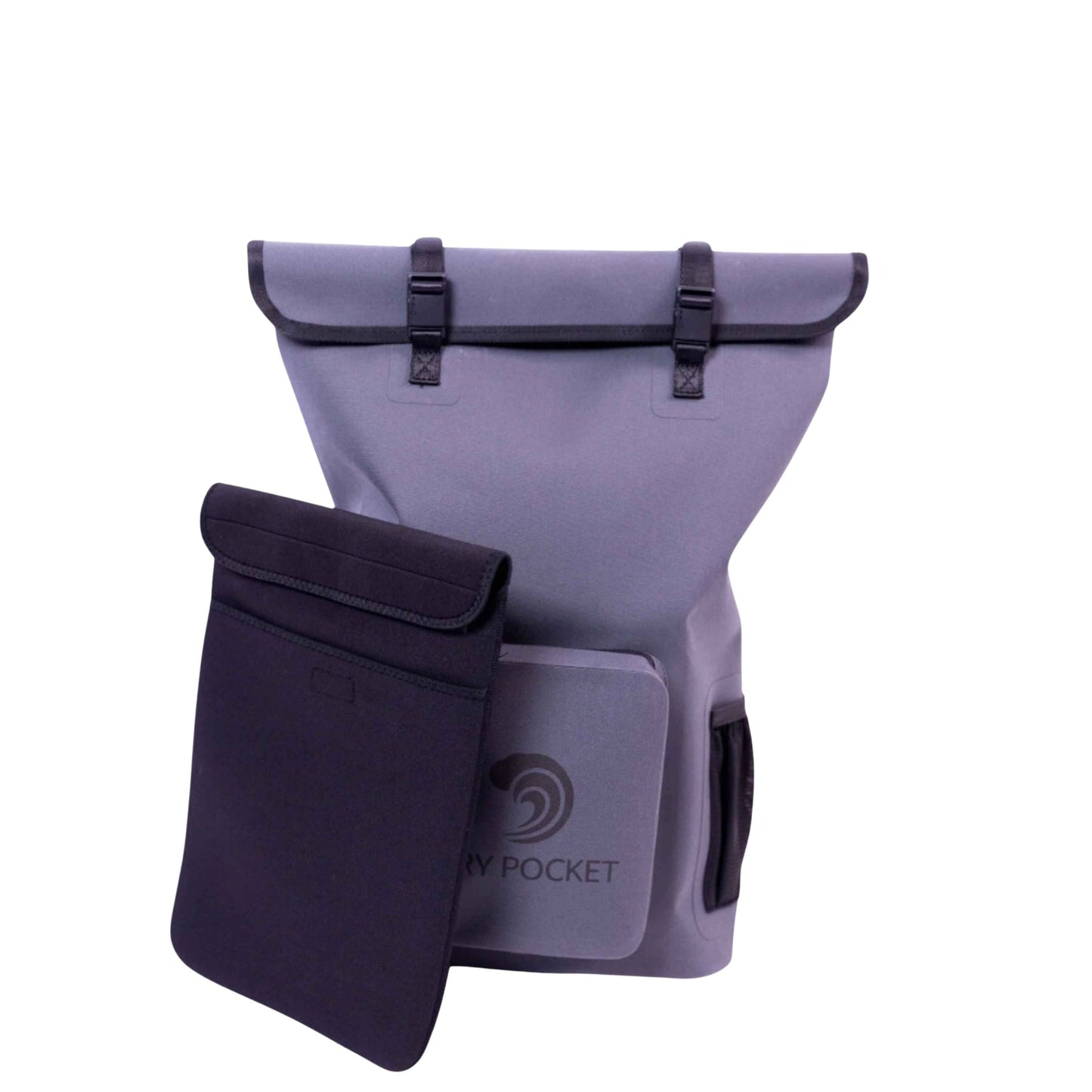 Grey waterproof floating dry backpack with roll-top and side pocket flap