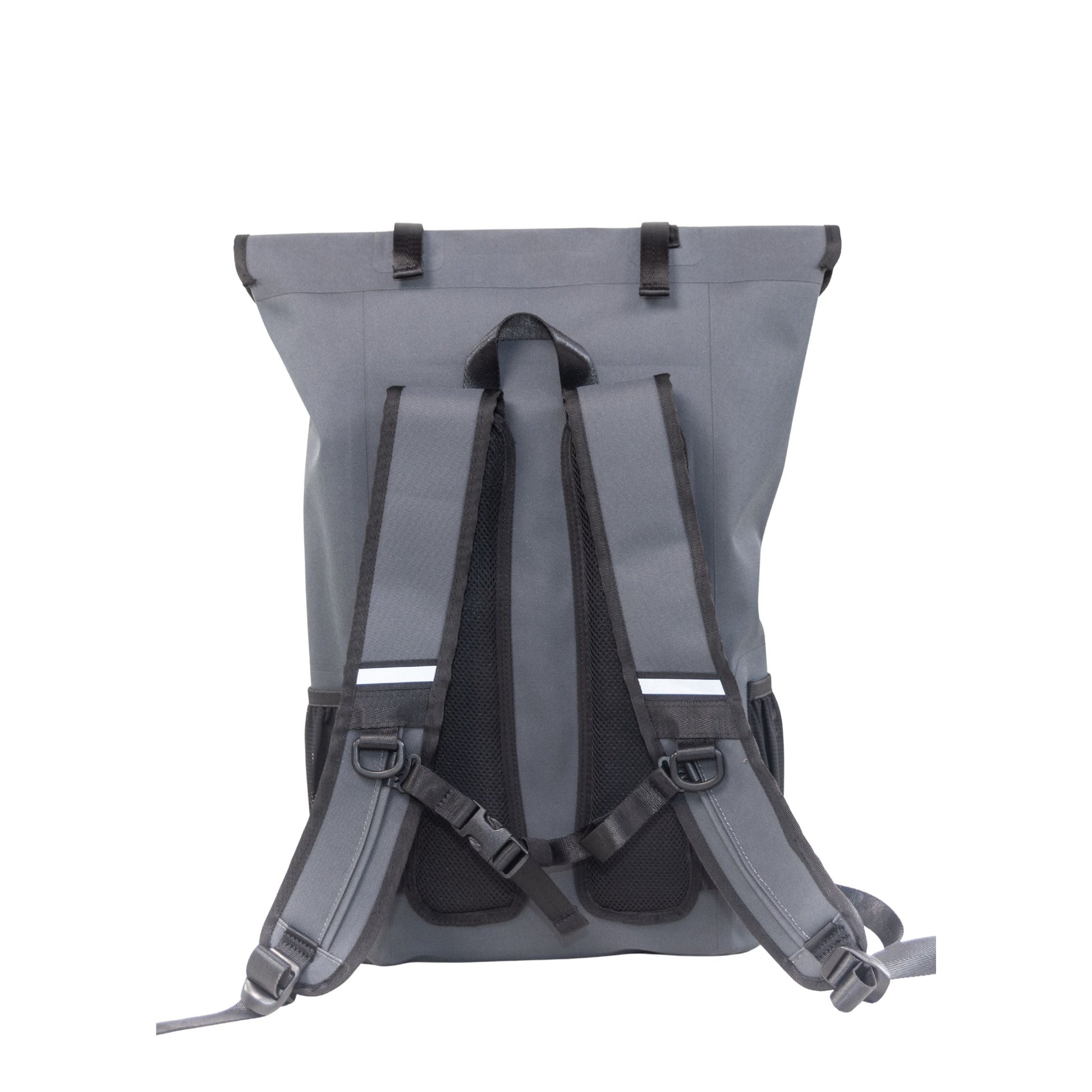 Grey waterproof floating dry backpack with adjustable padded shoulder straps