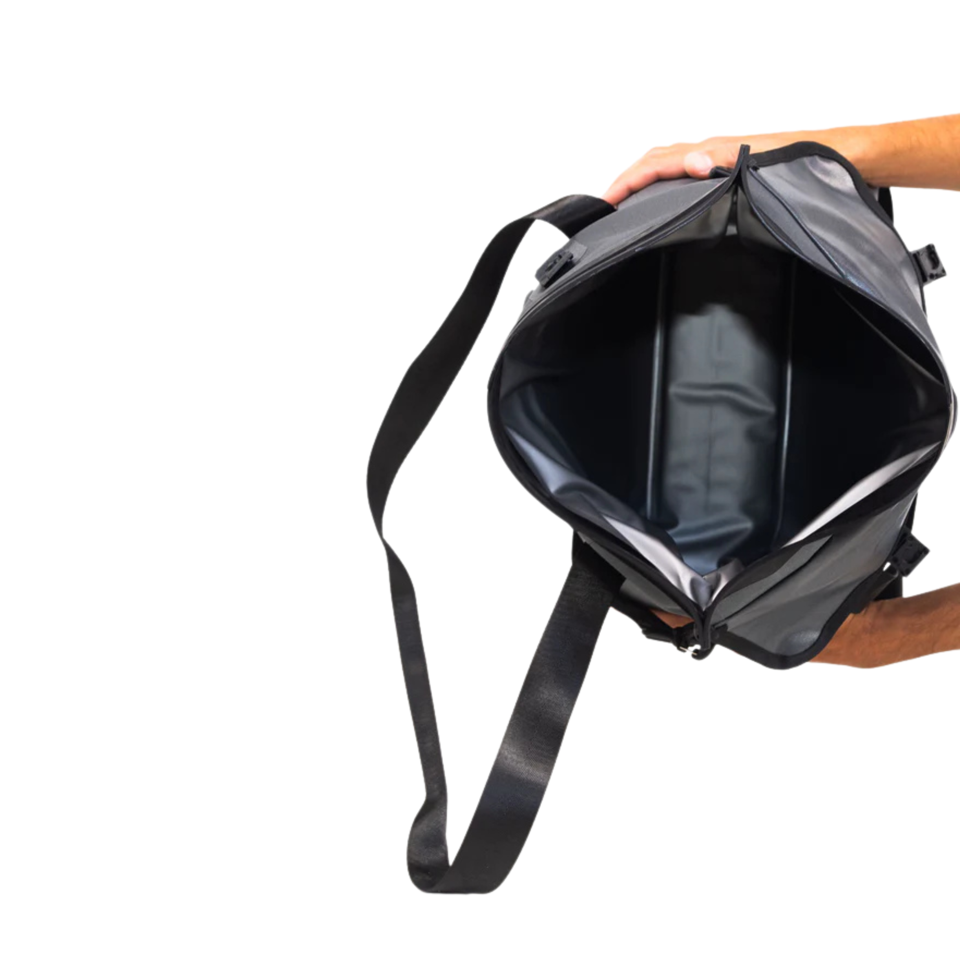 Waterproof floating tote cooler open, showing black interior lining and sealed top rim