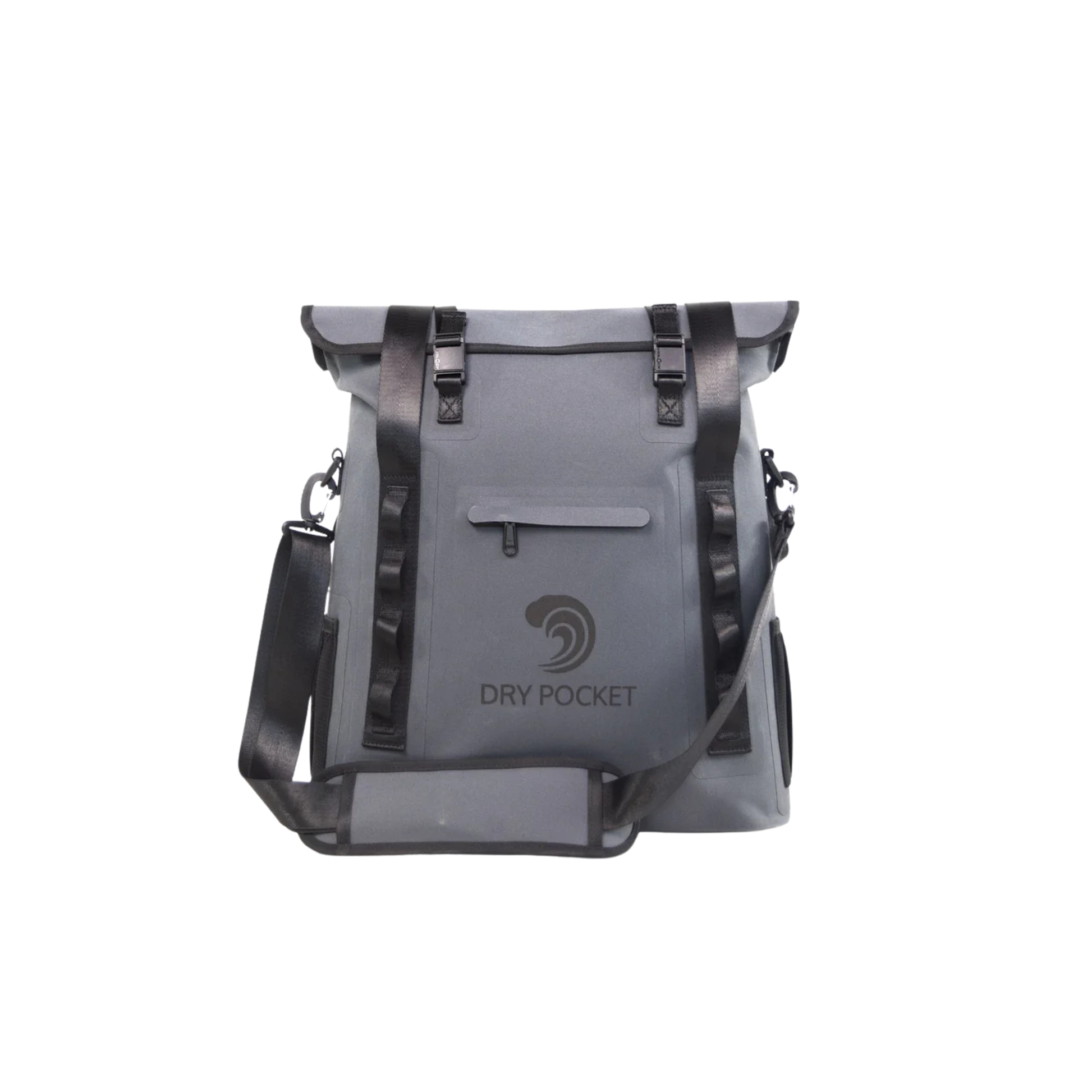 Waterproof floating tote cooler in dark gray with DRY POCKET logo and front latch