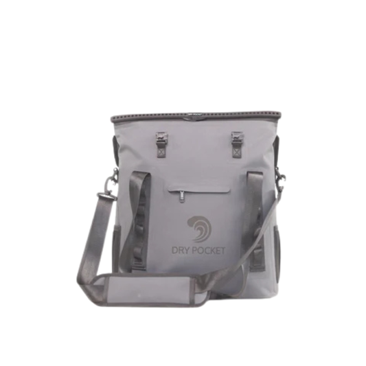 Waterproof floating tote cooler in light gray with DRY POCKET logo and top grab straps