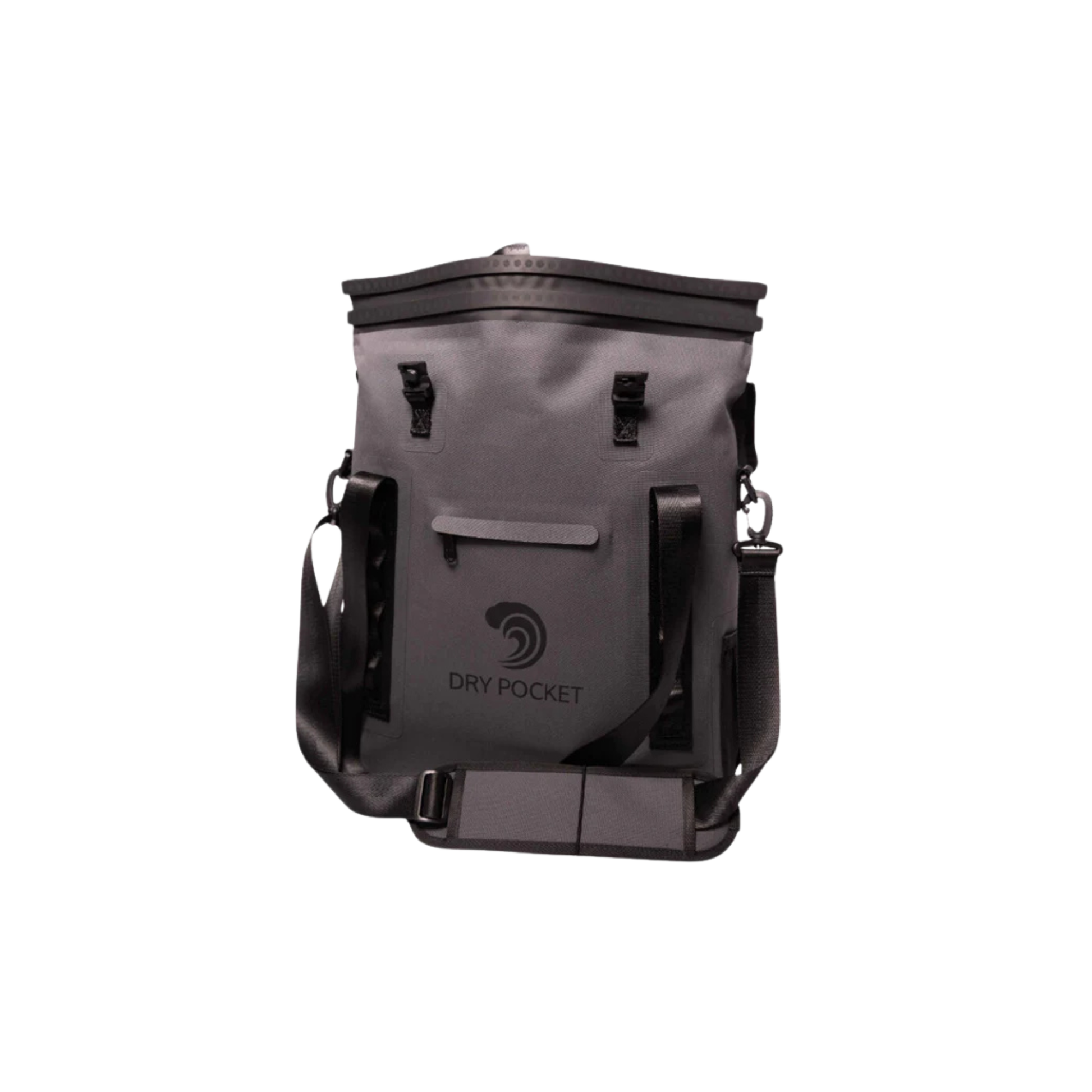 Waterproof floating tote cooler in dark gray with DRY POCKET logo and shoulder straps