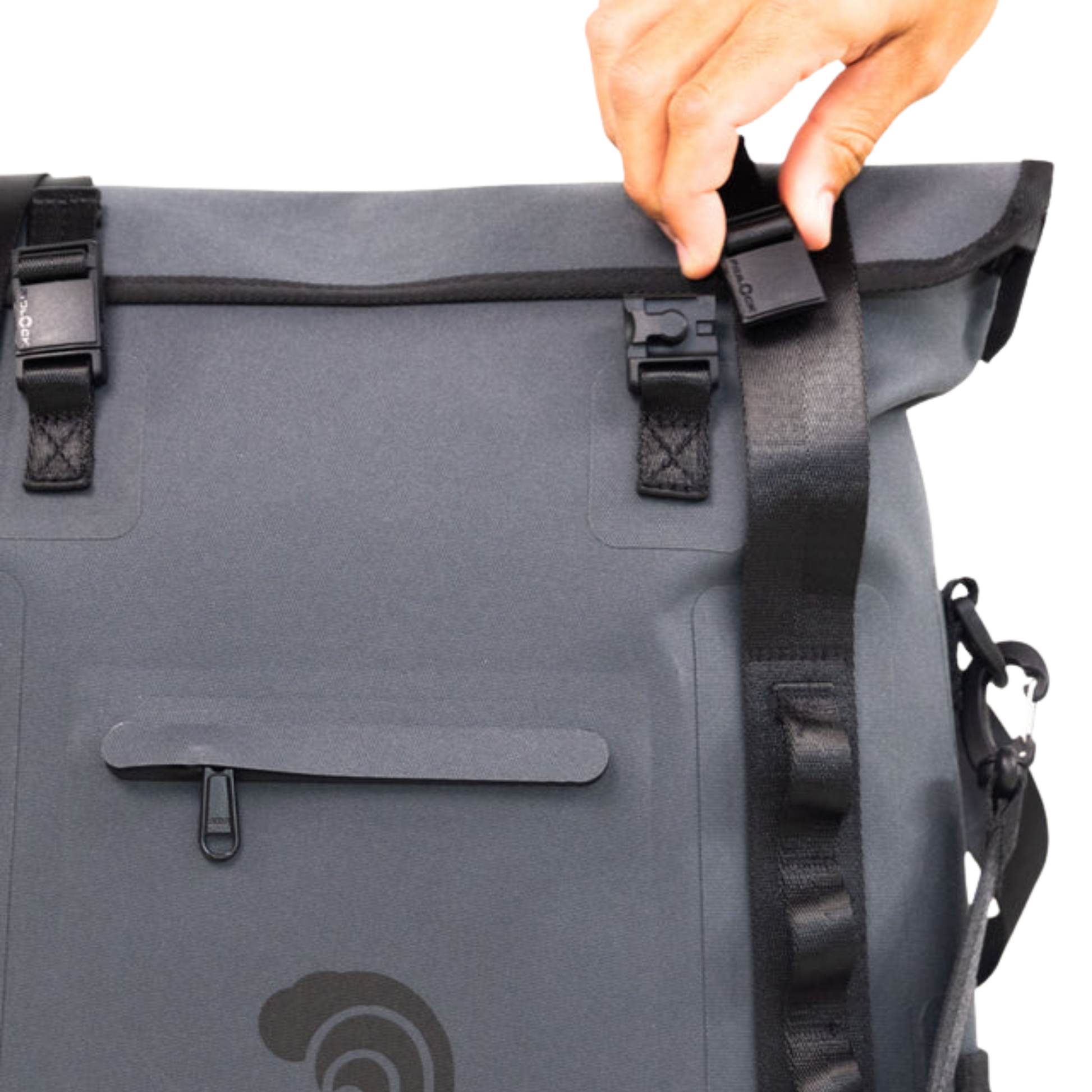 Waterproof floating tote cooler closeup in gray with top handle strap and buckle