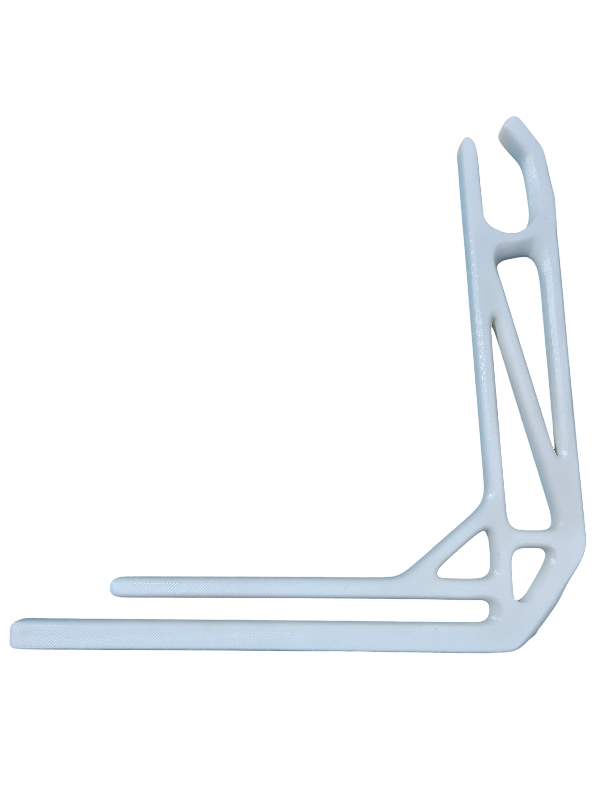 Wheelchair grocery bag hook, light gray metal curved hook with vertical support bar