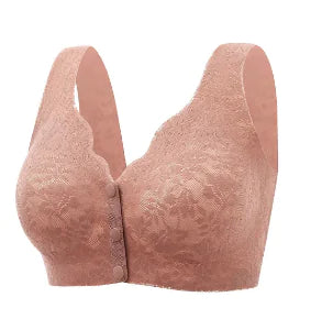 Rosé lace front-button nursing bra, V-neck cups, no underwire