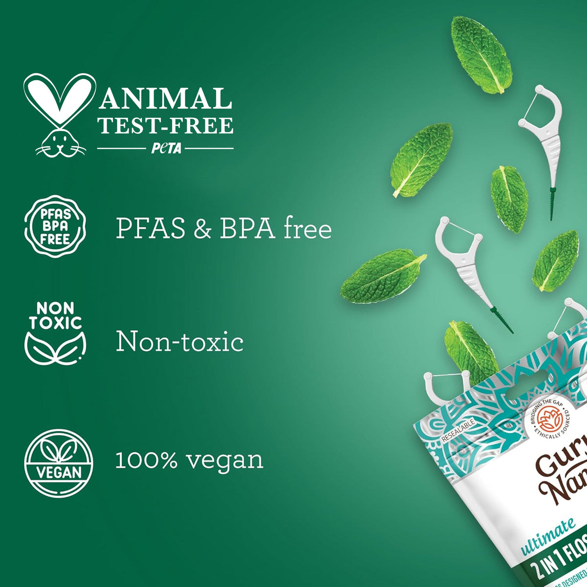 Guru Nanda 2-in-1 dental floss picks with mint leaves, PFAS and BPA free claims