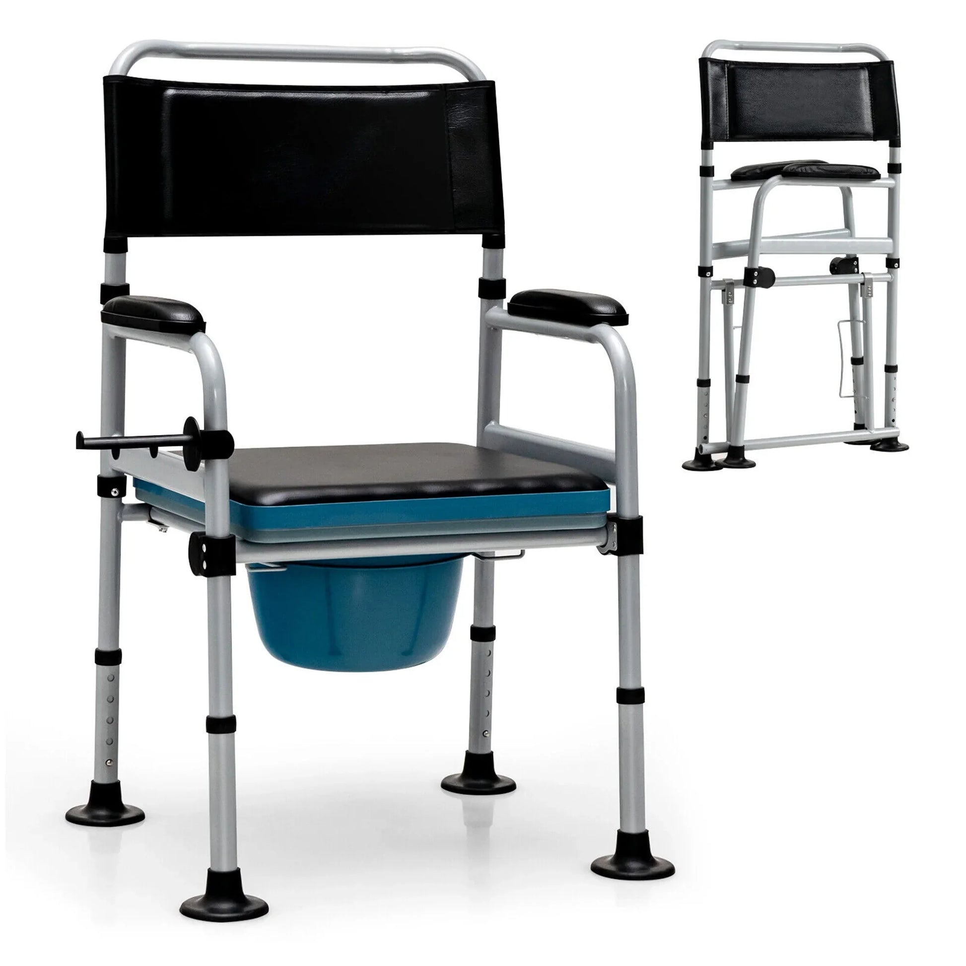 Folding bedside commode chair, black back and seat pad, armrests, and blue bucket underneath