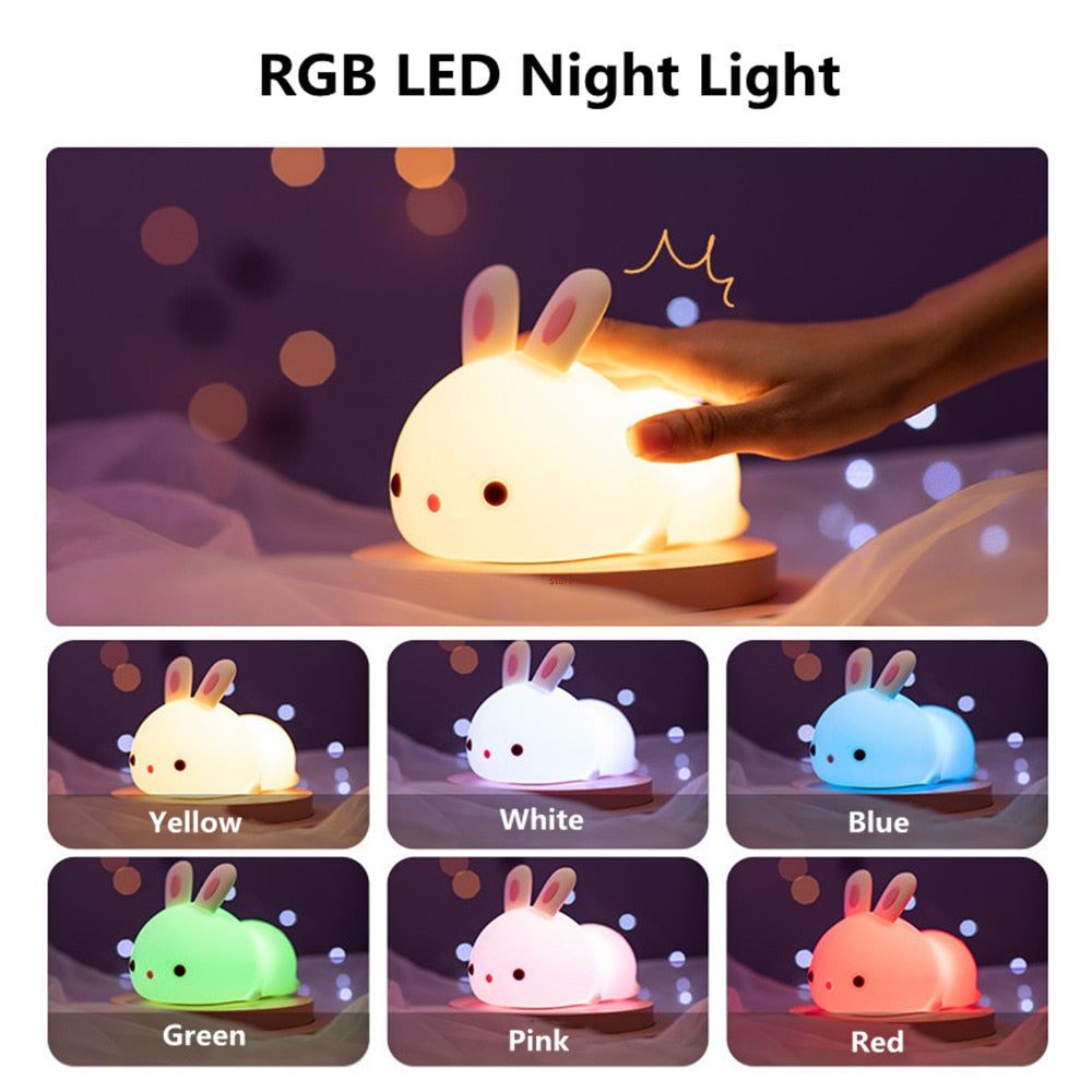 RGB bunny night light showing multiple colors: yellow, white, blue, green, pink, red