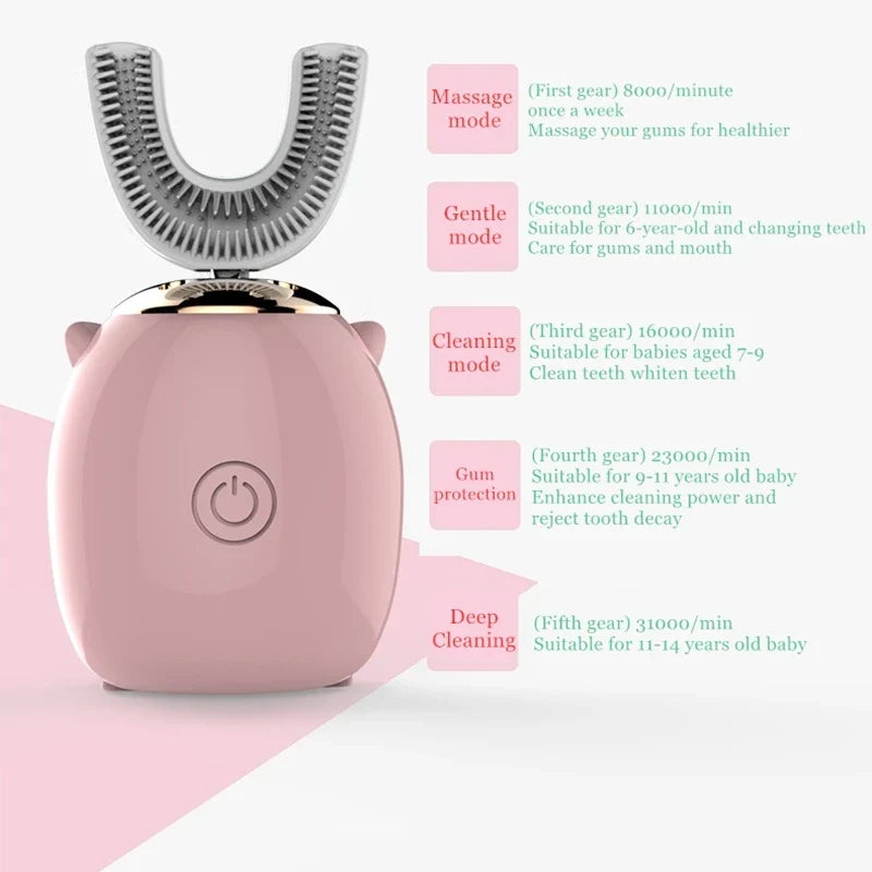 Pink and gold dental device with mode indicators on a white background