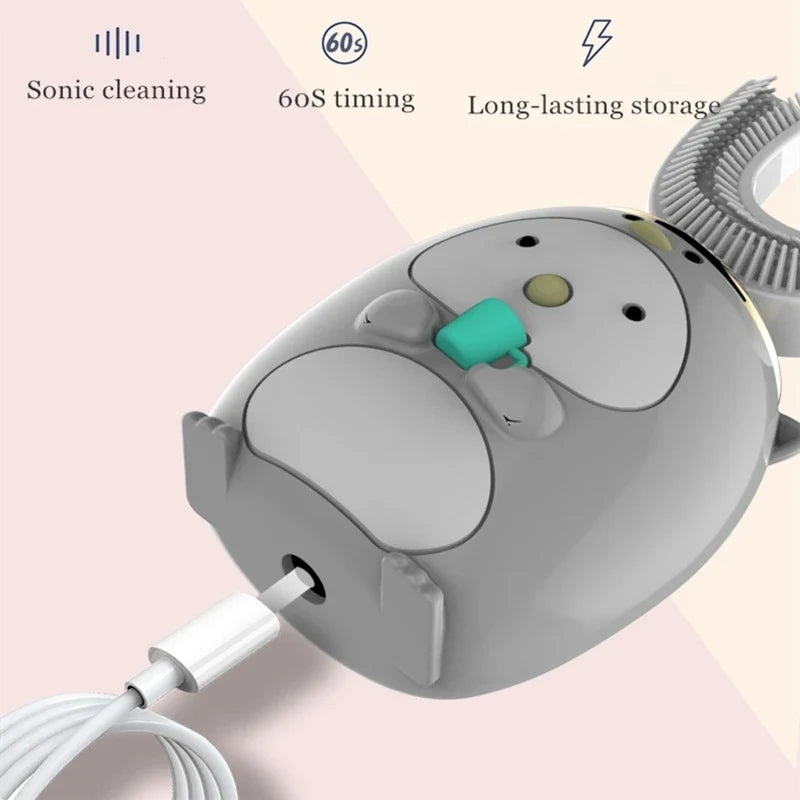 Gray electronic device with a green button on a light pink background, featuring text about sonic cleaning, 60-second timing, and long-lasting storage.
