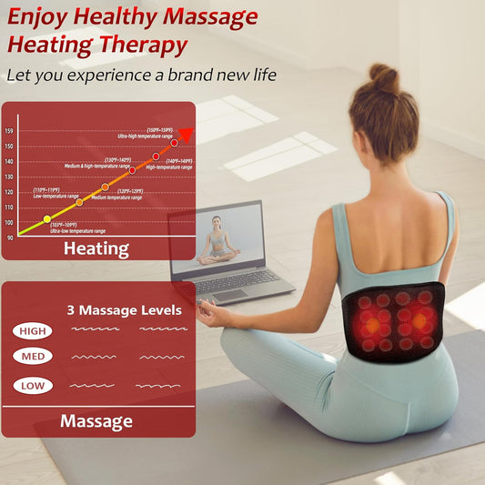 Wearable heating belt with glowing red circular heat pads, worn over the lower back.