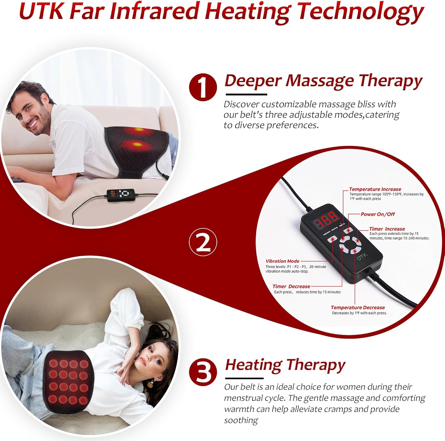 Heating therapy belt with red circular pads and attached controller, worn by a person reclining.