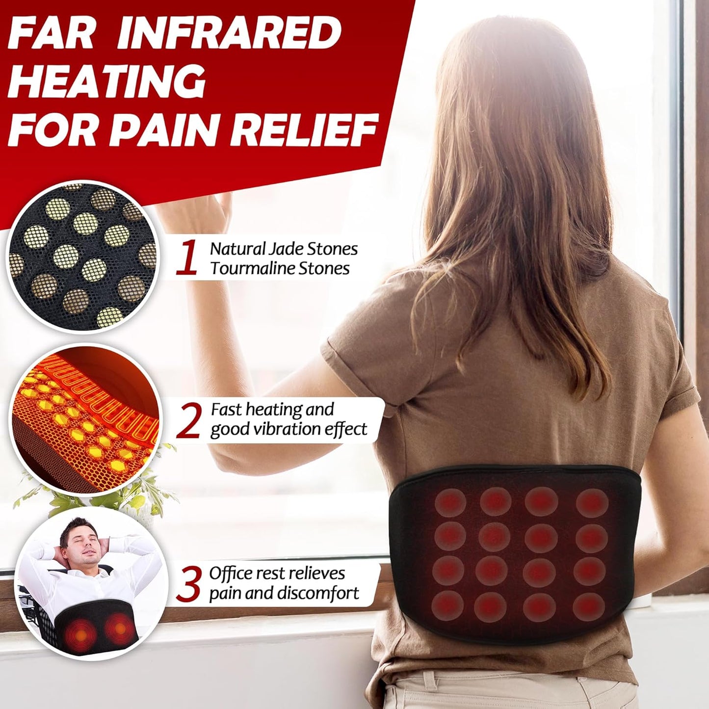 Black back heating belt with glowing red circular pads, worn by a person in a seated pose.