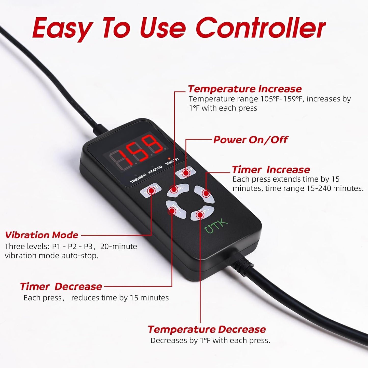 Black heating pad controller with red LED display and buttons, connected by a power cord.