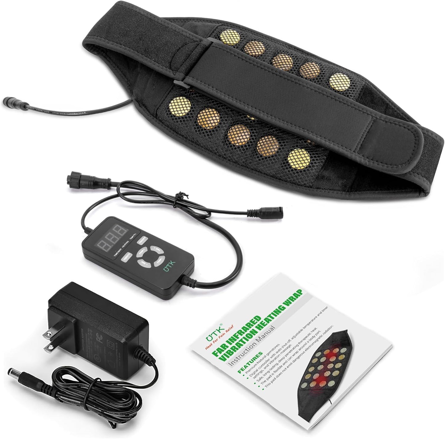 Black heating belt with circular heat elements, plus controller, power adapter, and user manual.