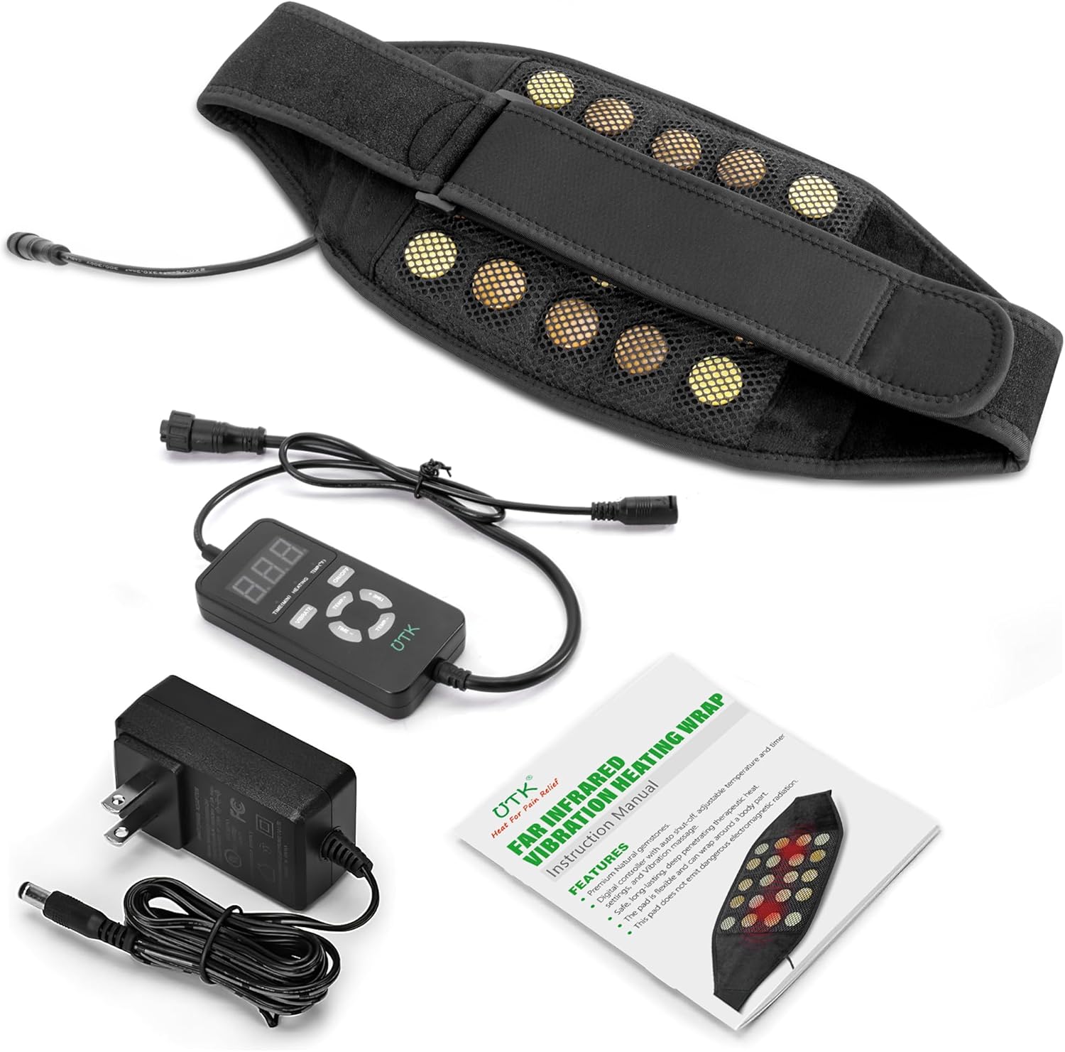 Black heating belt with circular heat elements, plus controller, power adapter, and user manual.
