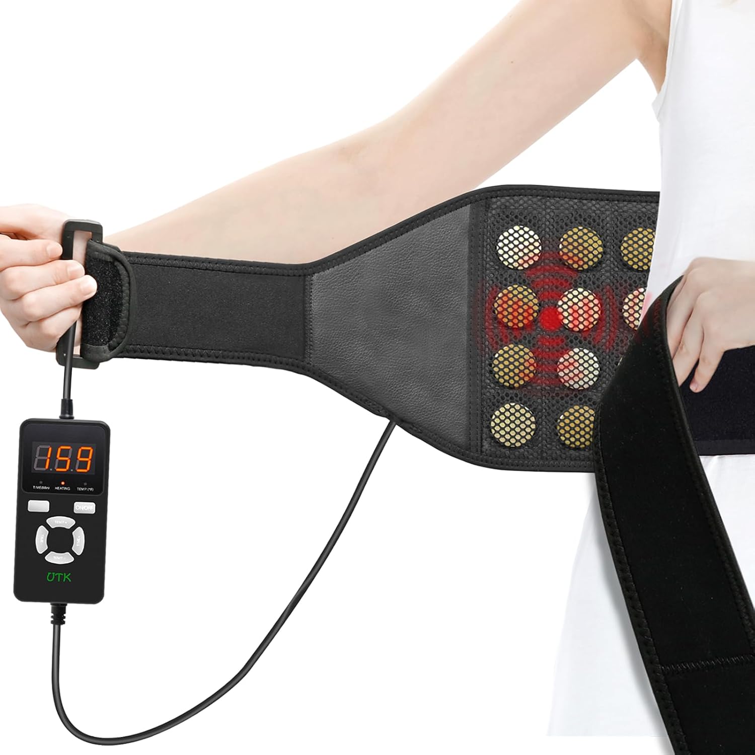 Black far infrared heating pad belt with hook-and-loop strap and inline controller display.
