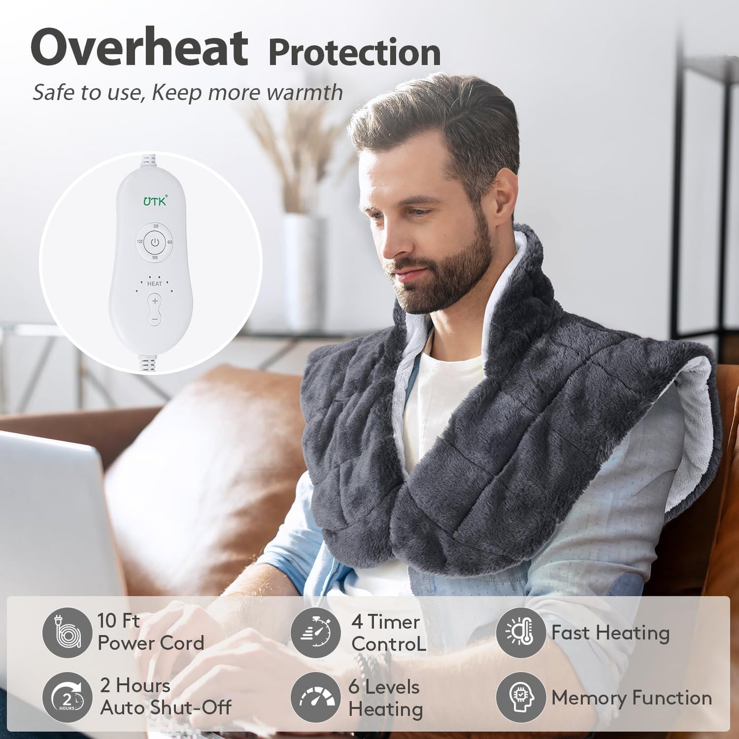 Grey plush weighted heating neck wrap with heat controller and long power cord
