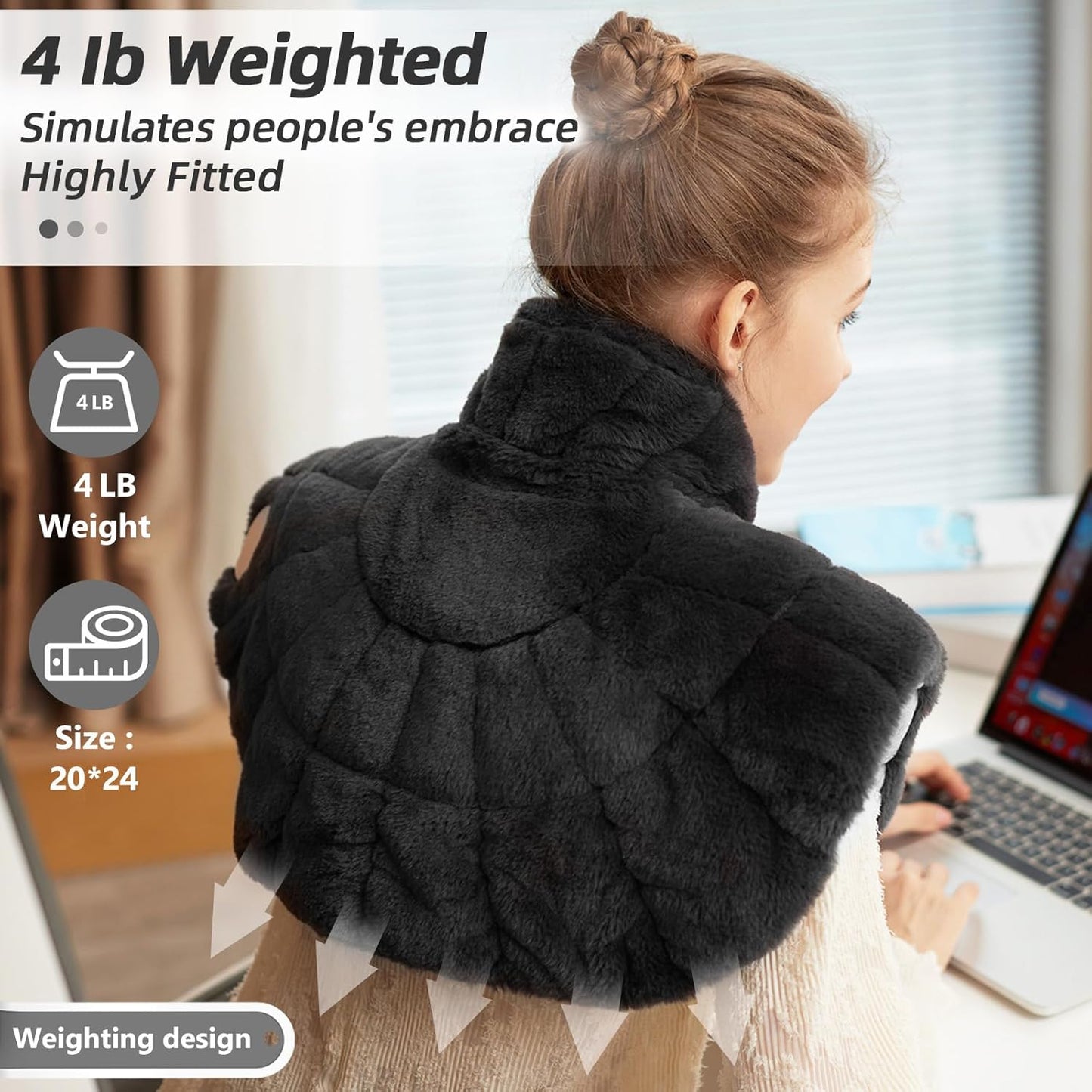 Black weighted neck and shoulder heating pad, cushioned collar wrap for comfort