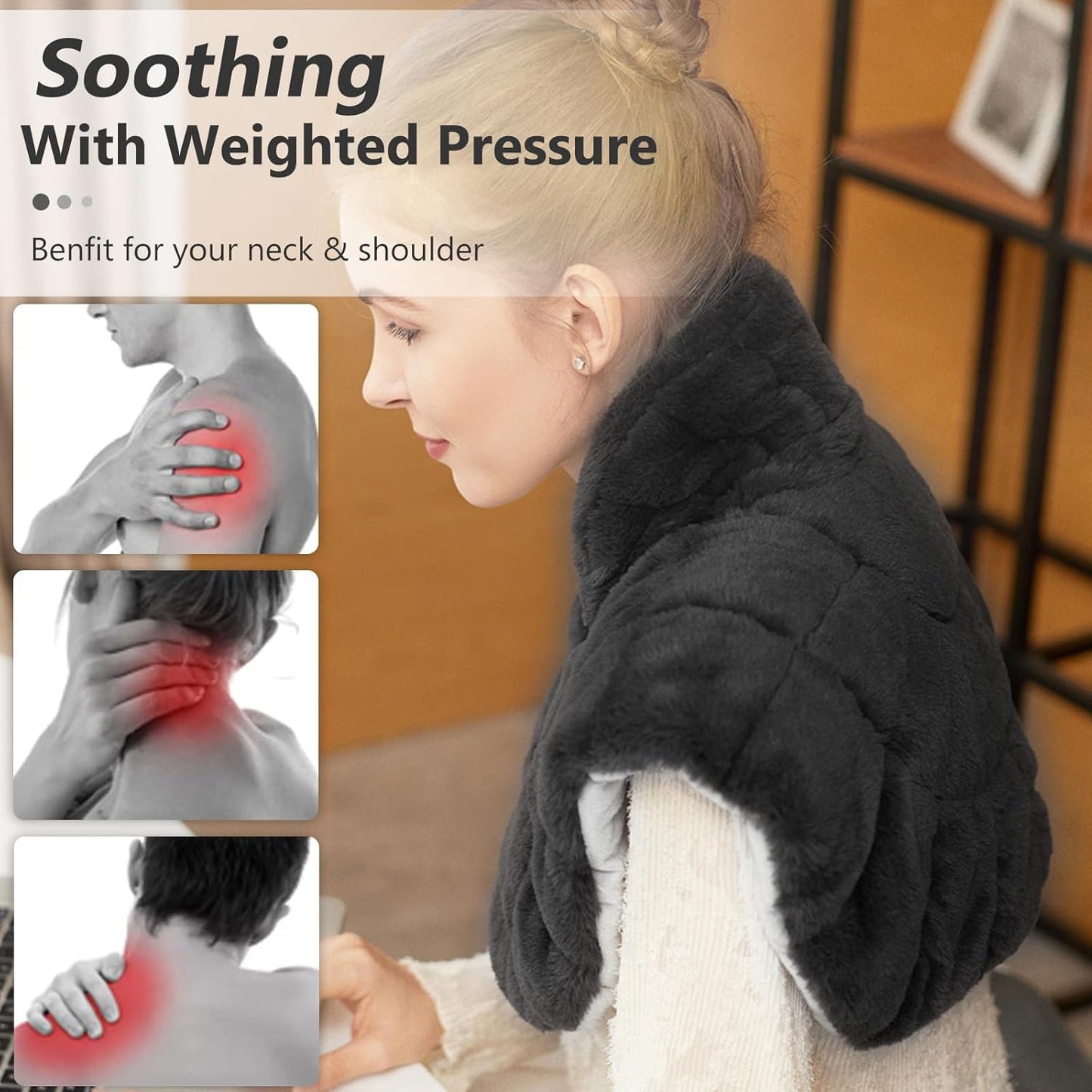 Soft plush weighted heating pad for neck and shoulders with thick padded segments