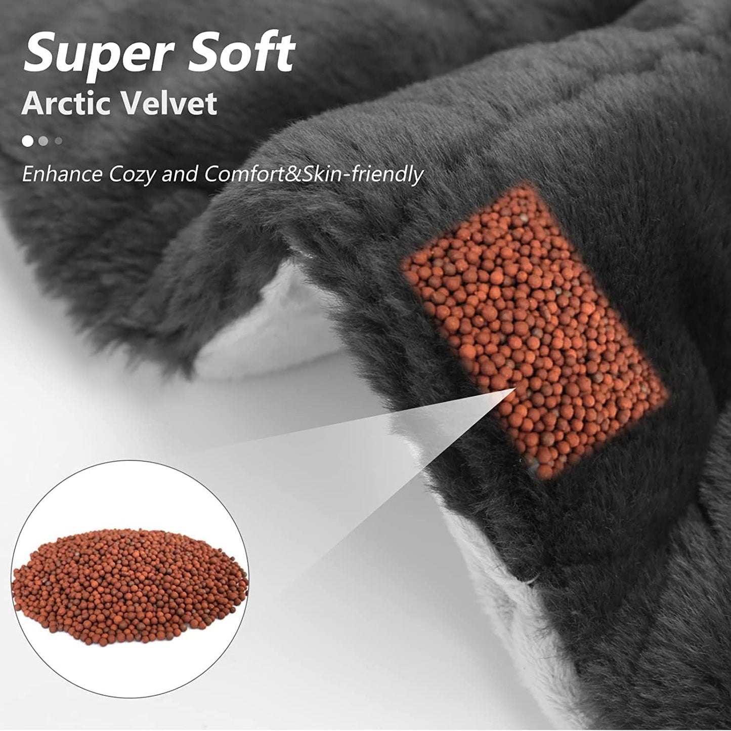 Detail view of dark plush weighted heating pad showing copper bead filling area
