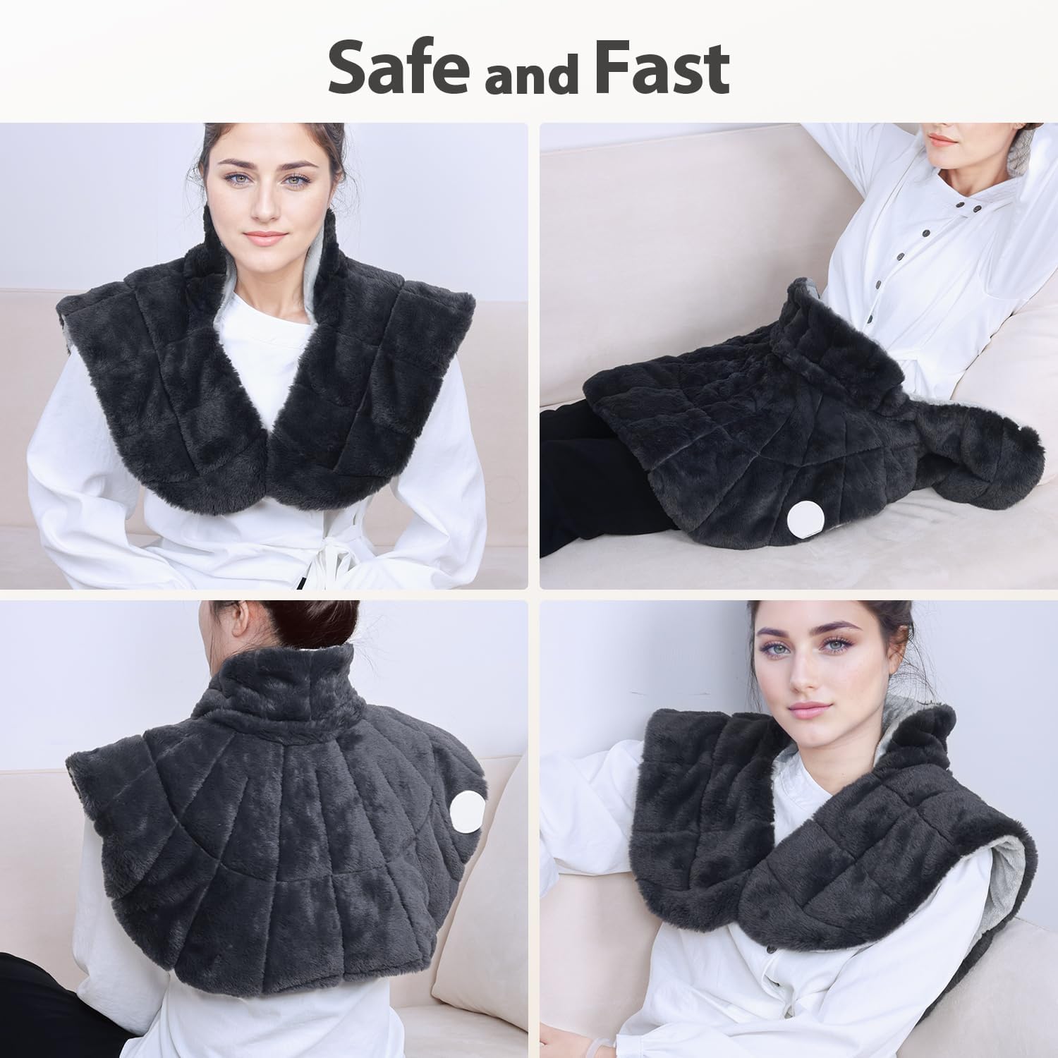 Black weighted neck and shoulder heating pad worn around the neck with side control module