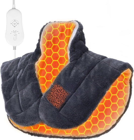 Dark U-shaped weighted neck and shoulder heating pad with glowing honeycomb heat area