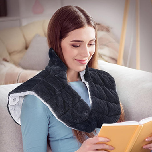 Weighted heating pad for neck and shoulders, dark plush wrap with strap support