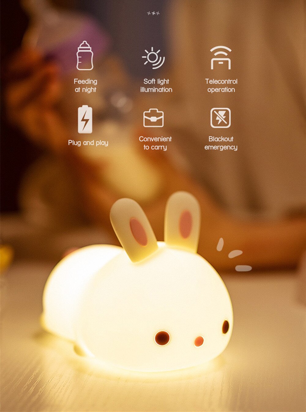 Glowing bunny night light on a table, soft warm light around the base