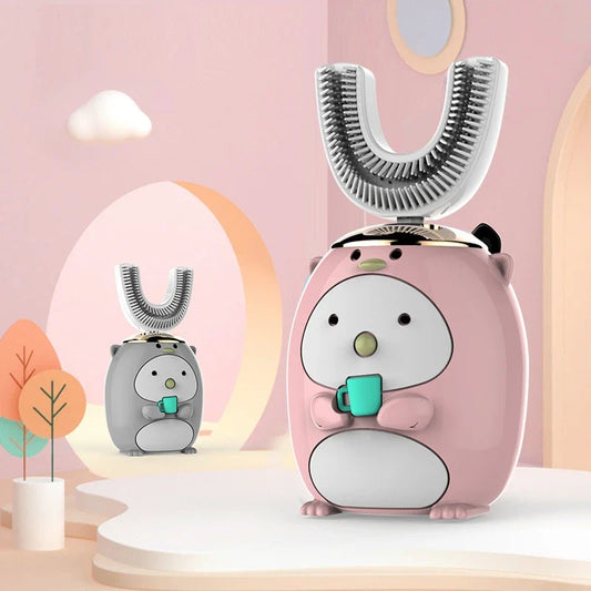Pink cartoon-style toothbrush with a matching case on a pastel background