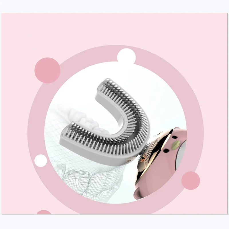 Cleaning brush with a pink circular frame on a light pink background