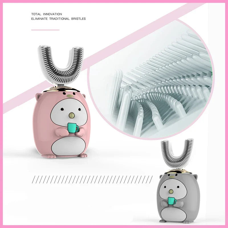 Pink and gray cartoon-like toothbrushes with close-up of bristle design on a white background.